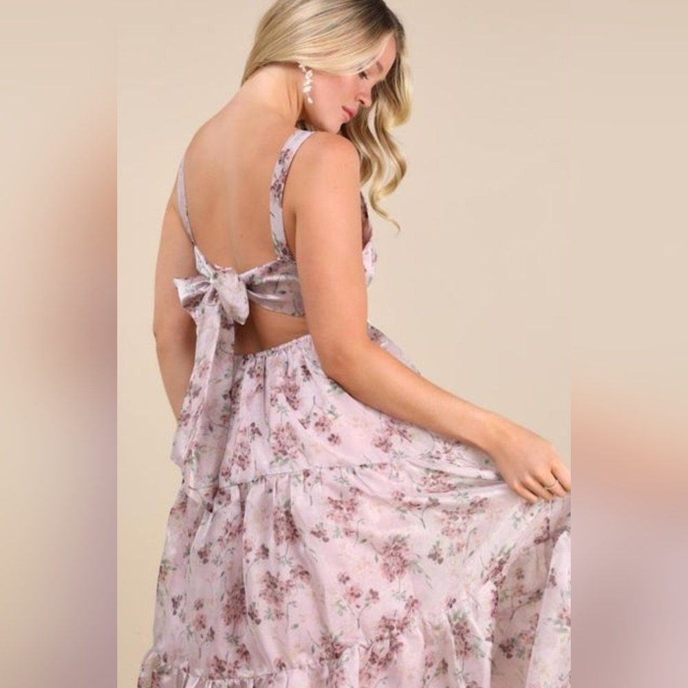Lulus Marvelously Darling Mauve Floral Tiered Backless Midi Dress Cottagecore S - Picture 2 of 10